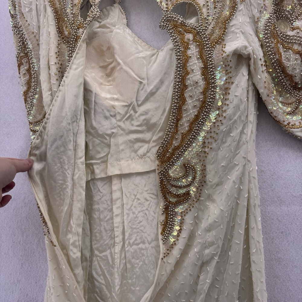 Vintage 1980s Silk Beaded Art Deco Maxi Gown Formal Evening Dress Size M - Picture 8 of 11